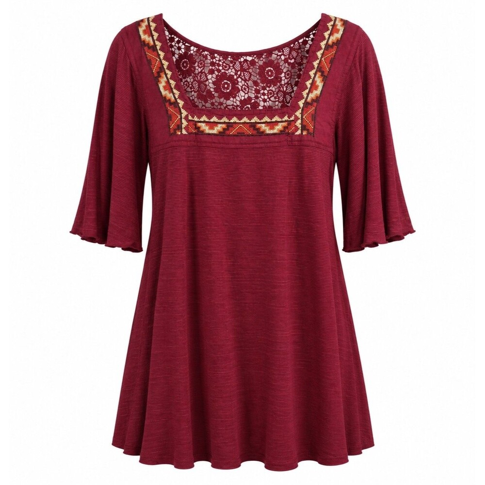 Boho Embroidered Lace Back Blouse Burgundy Wine Lucky Brand Women’s XL